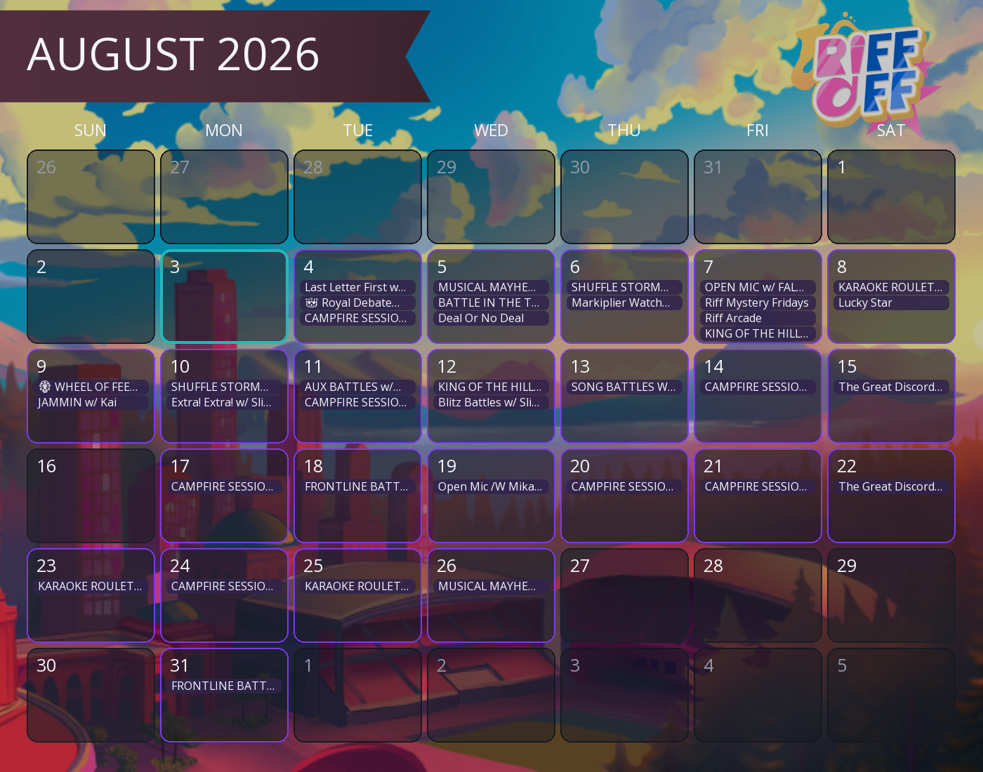 Calendar of this month's Discord events